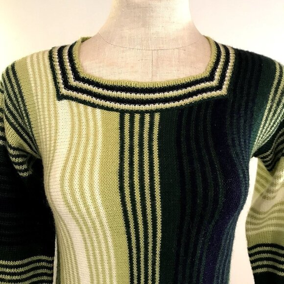 Vintage 60s Women's Green Striped Sweater Hippie Mod Knit XXS/XS - Picture 4 of 9